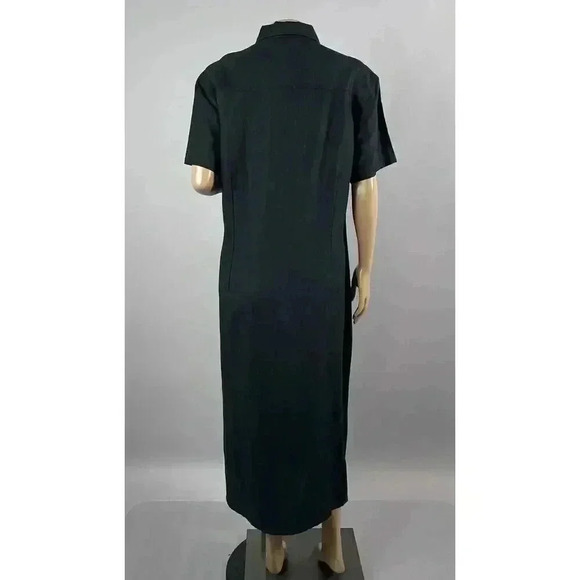 VTG JA Studio Dress Large Black Shift Midi Maxi Popover Button Collared Ramie - Picture 2 of 9